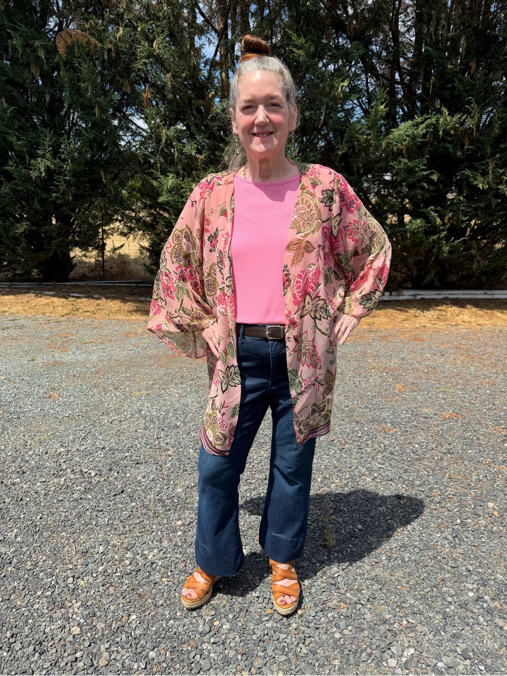 Style & Co. Pink Floral Open Tunic with Green Accents for Layering